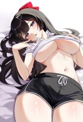 absurdres bed bed_sheet black_hair black_shorts blue_eyes blush bow breasts clothes_lift collared_shirt dolphin_shorts female hair_ornament hair_spread_out hairbow hand_on_own_chest hand_up hari_(sgkun_12) head_tilt heart heart_hair_ornament highres large_breasts long_hair looking_at_viewer lying navel on_back on_bed open_mouth red_bow shirayuki_hina shirt shirt_lift short_shorts shorts simple_background solo stellive stomach thighs underboob very_long_hair virtual_youtuber white_background white_shirt