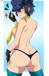 alternate_version_available ass atlus big_breasts blue_hair breasts fingerless_gloves gloves hair_over_one_eye hat karbuitt looking_at_viewer looking_back necktie persona persona_4 semi_nude shirogane_naoto short_hair stockings thighhighs thong