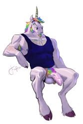 absurd_res anthro balls clothed clothing equid equine flaccid fufer furry furry_only genitals hair hi_res hooves horn horse male mammal multicolored_hair mythological_creature mythological_equine mythology pantsless penis rainbow_hair semi_clothed shirt simple_background sitting solo tank_top topwear unicorn white_background