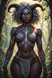 ai_generated beautiful beauty breasts concept_art ebony fantasy female goddess horn horns muscular muscular_female original_character photo runes sexy sexy_body thick_thighs tribal tribal_markings white_hair wide_hips witch