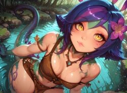 1girl 2d ai ai_generated artist_request bare_shoulders blue_hair breasts cleavage female flower from_above hair_flower hair_ornament jewelry league_of_legends looking_at_viewer medium_breasts midriff multicolored_hair navel necklace neeko outdoors purple_hair short_hair solo tagme tail vastaya water yellow_eyes