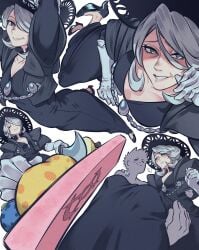 1boy 1girls absurdres andrich_galam black_dress black_hat breasts carrying cogita_(pokemon) dress female grey_eyes grey_hair hat highres holding holding_knife jewelry knife looking_at_viewer male nintendo pokemon pokemon_legends:_arceus princess_carry smile