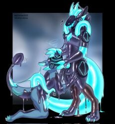 2_horns 5_horns anthro athletic athletic_anthro athletic_dom athletic_male balls barely_visible_genitalia barely_visible_penis big_tail biped black_goo blue_claws blue_goo blue_horn brown_goo claws dominant dominant_anthro dominant_drone dominant_male dragon drone dronification duo erection european_mythology eyeless genitals goo_drip goo_transformation heart_symbol hi_res horn hypnosis lock_bulge machine maefeline male male/male mind_control multi_horn mythological_creature mythological_scalie mythology null_bulge penis protogen scalie slim_anthro slim_male slim_sub species_transformation spiral spiral_eyes submissive submissive_anthro submissive_male tail tentacle tentacle_tail transformation unusual_anatomy unusual_tail western_dragon