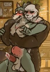 absurd_res anthro bear beastars black_body black_fur bodily_fluids canid canine canis cum dialogue duo ejaculation from_behind_position fur genital_fluids giant_panda gouhin_(beastars) grey_body grey_fur heart_symbol hi_res legoshi_(beastars) looking_pleasured male male/male mammal sex stomach_bulge tagme the_mist_walker wolf
