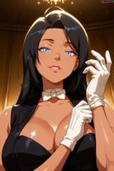 absurd_res absurd_resolution absurdres ai_generated big_breasts black_hair blue_eyes bowtie breasts cleavage curvaceous curvy curvy_body curvy_female curvy_figure dc_comics deep_skin female gloves hi_res high_quality high_resolution highres huge_breasts long_hair naughty_face no_bra overflowing_breasts paid_reward_available sideboob skindentation sweat sweating tailcoat tanned tanned_female tanned_skin toned_female velutinx watermark zatanna zatanna_zatara