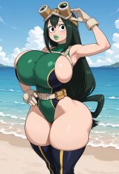 1girls aged_up ai_generated ambrose beach belt big_ass bimbo bimbofication black_eyes breasts bursting_breasts female gloves goggles green_hair green_lipstick hand_on_hip harness hourglass_figure huge_breasts my_hero_academia narrow_waist one_piece_swimsuit outdoors self_upload sideboob stable_diffusion thick_lips thick_thighs tsuyu_asui wide_hips