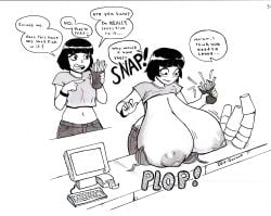 1bit-deviant allergic_reaction black_hair blushing breast_expansion breasts breasts_bigger_than_head breasts_out comic crop_top english english_text fries nipples onomatopoeia register text