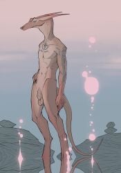 anthro balls big_ears bullchicken casual_nudity claws darkened_genitalia digitigrade finger_claws flaccid foreskin furry furry_only genitals hand_on_hip hi_res humanoid_genitalia humanoid_penis male nude outdoor_nudity penis pond relaxing saggy_balls scalie slim solo tattoo uncircumcised