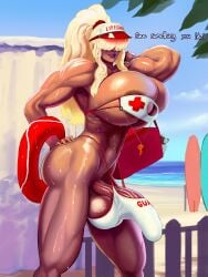 1futa aka6 balls big_penis blonde_hair breasts futanari hair_over_eyes huge_balls huge_breasts innertube intersex large_penis lifeguard lips muscular muscular_futa original outdoors penis penis_peek ponytail solo_futa standing sweat undersized_breast_cup undersized_clothes