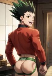 ai_generated ass back biceps black_hair blush brown_eyes gay gon_freecss gradient_hair green_hair hunter_x_hunter jockstrap jockstrap_only looking_at_viewer looking_back male male_only muscular muscular_male nude_male open_mouth smile spiky_hair toned_body toned_male twall97