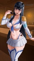 1girls abs ai_generated alcohol autom4tico bar_(place) bikini black_hair blue_eyes blue_neckerchief breasts cleavage collarbone cup epaulettes female highleg highleg_panties holding holding_removed_eyewear indoors junketsu kill_la_kill kiryuuin_satsuki large_breasts long_hair long_sleeves looking_at_viewer miniskirt mug navel neckerchief panties pleated_skirt pubic_tattoo sailor_collar skirt smile solo stomach sunglasses swimsuit tattoo thick_eyebrows thigh_boots thighhighs thighs tongue tongue_out underwear unworn_eyewear white_bikini white_footwear white_skirt white_thighhighs
