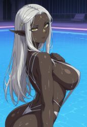 ai_generated breasts cithis dark-skinned_female dark_skin dungeon_meshi elf elf_ears elf_female female in_water indoors large_breasts long_hair looking_at_viewer night pool slingshot_swimsuit very_dark_skin white_hair white_slingshot_swimsuit yellow_eyes