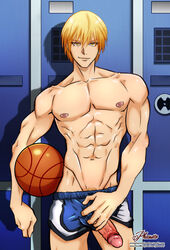 1boy 2boys basketball black_hair black_hair_bottom blonde_hair blonde_hair_on_black_hair blonde_hair_top domination erection gay kise_ryouta kuroko_no_basuke light_hair_on_dark_hair locker locker_room male male_only naughty_face penis phausto solo topless undressing yaoi