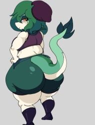 1girls akari_aural bianca_(akari_aural) big_thighs clothing eyelashes fat_ass female fully_clothed green_body green_hair hat huge_thighs leaves oc one_eye_covered orange_eyes pokemon reptile scalie short_hair shorts shortstack simple_background snivy socks stockings tail thick_thighs thighs twitter_user_oc two_tone_body white_body