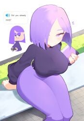 1girls absurdres blush bob_cut breasts duolingo female hair_over_one_eye highres holding holding_notebook large_breasts lily_(duolingo) looking_at_viewer notebook notice_lines on_bench pants purple_eyes purple_pants purple_shirt shirt sitting solo thick_thighs thighs white_background zahir_zb7