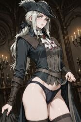 1girls ai_assisted ai_generated black_panties bloodborne clothed clothed_female clothing exposed_panties female female female_focus female_human female_only fromsoftware goth_clothing goth_girl gothic_girl green_eyes lady_maria_of_the_astral_clocktower looking_at_viewer panties panties_exposed pose posing revealing_panties room stockings thick_thighs thighs tricorne video_game_character white_hair