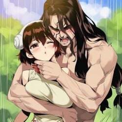 1boy 1girls ai_generated arm_around_partner blush brown_hair clothed_sex darklust dr.stone dress female hand_on_face implied_sex male one_eye_closed outdoors red_eyes sex tsukasa_shishio yuzuriha_ogawa