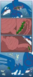 2025 absurd_res after_vore anus blue_body bubble closed_eyes clothing comic dialogue endosoma female female_pred feral feral_pred feral_prey flat_colors full_tour generation_3_pokemon genitals green_body group guts hat headgear headwear hi_res inside_intestines inside_stomach internal intestines kyogre legendary_pokemon male male/female male_prey mammal marine nintendo organs passyvorex pinniped pokemon pokemon_(species) purple_clothing purple_hat purple_headwear pussy safe_vore schallferin_(orcinusproductions) sea_lion stomach underwater vore vulva water willing_prey