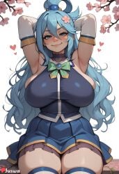 ai_generated aqua_(konosuba) armpits arms_behind_head arms_up bangs bare_shoulders blue_eyes blue_hair blue_shirt blue_skirt blush bow breasts breasts cherry_blossoms curvy cute detached_sleeves female flower green_bow hair_between_eyes hair_ornament hair_rings heart huge_ass huge_breasts juswa large_ass large_breasts long_hair looking_at_viewer shirt sitting skindentation skirt sleeveless smile solo thicc thick_thighs thighhighs thighs very_long_hair white_thighhighs wide_hips