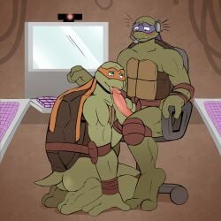 2_toes 3_fingers absurd_res anthro ass blush brother_(lore) brothers_(lore) chair computer digital_media_(artwork) donatello_(tmnt) duo electronics erection feet fellatio fingers furniture gay gay_male genitals hand_on_penis headgear headphones headset hi_res incest_(lore) kneeling licking male male/male mask michelangelo_(tmnt) mishajeans oral penile penis penis_lick reptile scalie sex shell sibling_(lore) sitting soles surprise tail teenage_mutant_ninja_turtles toes tongue tongue_out turtle yaoi
