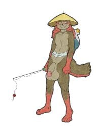 ajicitoart anthro balls big_balls big_penis brown_body brown_fur canid canine circumcised clothing drunk fishing_rod fur genitals hair hat headgear headwear hi_res hips_forward long_hair male mammal nude penis pose raccoon_dog red_body red_fur slim smug smug_face solo straw_hat substance_intoxication tanuki yellow_eyes