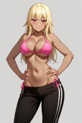 1girl ai-created ai_generated bangs bare_arms bare_shoulders bikini bikini_bottom bikini_under_clothes black_pants blonde_hair blunt_bangs blush bra breasts clavicle cleavage closed_mouth clothing crop_top dark-skinned_female dark_skin eyebrows female female_only gokukoku_no_brynhildr halterneck hand_on_hip hands_on_hips hands_on_own_hips high_resolution large_breasts long_hair looking_at_viewer midriff navel pants pink_bikini pink_swimsuit portrait red_eyes rena_aikawa_(pixiv_user) side-tie_bikini side-tie_bikini_bottom side-tie_clothing side-tie_swimsuit smile solo sportswear standing stomach string_bikini striptease swimsuit swimsuit_under_clothes tachibana_mina_(gokukoku_no_brynhildr) thighs track_pants underboob underwear v-shaped_eyebrows