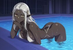 ai_generated ass bent_over breasts cithis dark-skinned_female dark_skin dungeon_meshi elf elf_ears elf_female female in_water indoors large_breasts long_hair looking_at_viewer night pool slingshot_swimsuit very_dark_skin white_hair white_slingshot_swimsuit yellow_eyes