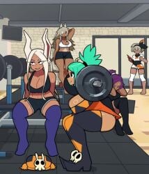 5girls animal_ears animated barbell bea_(pokemon) bleach boku_no_hero_academia boots bouncing_breasts bow breasts cat_ears cat_girl cerebella cleavage crossover dark-skinned_female dark_skin dress eastern_and_western_character exercising eyepatch eyeshadow female from_side full_body gen_4_pokemon ghislaine_dedoldia green_hair grey_hair gym hairband hairbow hat high_heel_boots high_heels indoors knee_pads large_breasts lipstick long_hair longer_than_10_seconds makeup mirko miruko muds multiple_crossover multiple_girls mushoku_tensei my_hero_academia nintendo pokemon pokemon_ss ponytail red_eyes rotom rotom_phone rumi_usagiyama shihouin_yoruichi short_dress short_hair shorter_than_30_seconds shorts sitting skullgirls smile socks squat_(exercise) squatting sweat tagme tank_top thick_thighs thighhighs thighs unworn_hat unworn_headwear vice-versa_(skullgirls) video weightlifting weights