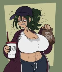 1girls abs baseball_cap big_breasts breasts chubby chubby_female color_edit colored colored_sketch colorshun female female_only flies flies_for_smell food freckles grease_(poopishness) green_hair huge_breasts ponytail poopishness pubic_hair
