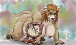 2025 all_fours animal_genitalia anthro anthro_prey balls belly big_belly big_breasts bovid bovine breasts brown_body buckteeth canid canine cattle colored colorful_background dated digestion duo erection female female_pred fox fur genitals group hair hand_on_another's_belly hi_res hooves horn huge_belly huge_breasts implied_fatal inside_stomach internal jeri_kleinlowe lagomorph leporid lying male male/female male_prey mammal nipples nude nude_anthro nude_female nude_male nude_pred nude_prey on_back orange_body orange_fur orange_hair organs penis pinned_by_belly rabbit sheath signature size_difference stomach tail teeth text trio vore white_body white_fur white_text