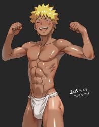 1boy 2025 abs ass black_background blonde_hair blush bulge closed_eyes dated flexing fundoshi gay japanese_text male male_only naruto nipples simple_background skinny solo spiky_hair tan_skin tanline text torakota_kotaro twink uzumaki_naruto white_fundoshi