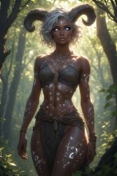 ai_generated beautiful beauty breasts concept_art ebony fantasy female goddess horn horns original_character photo runes sexy sexy_body thick_thighs tribal tribal_markings white_hair wide_hips witch