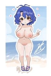 antenna_hair beach blue_hair blush border breasts c_(theta) chibi closed_mouth cute day deformed female full_body hand_up heart highres idolmaster idolmaster_million_live! large_breasts looking_at_viewer navel nipples nude outdoors outline pussy sandals short_hair smile solo standing toyokawa_fuka v wavy_hair white_border white_outline yellow_eyes