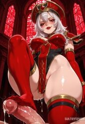 1boy 1girl ai_generated armor artist_name breasts covered_navel cum elbow_gloves feet footjob from_below futarush gloves hat hetero highleg highleg_leotard large_breasts leotard long_hair looking_at_viewer partially_visible_vulva patreon patreon_username pauldrons penis red_eyes red_gloves red_leotard red_lips sally_whitemane scar_across_eye shoulder_armor smile solo_focus sultryspark thick_thighs thighhighs thighs uncensored veins veiny_penis warcraft world_of_warcraft
