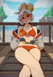 1girls beach beach_chair bikini black_gloves breasts collarbone commentary crossed_legs english_commentary eyeshadow female flute glasses gloves hair_ornament hair_stick head_tilt holding holding_instrument horizon instrument jacket long_hair long_sleeves looking_at_viewer makeup medium_breasts nintendo ocean off_shoulder purah railing rajah_(dajah) reclining red-framed_eyewear red_bikini red_eyes solo swimsuit the_legend_of_zelda the_legend_of_zelda:_tears_of_the_kingdom updo white_hair white_jacket
