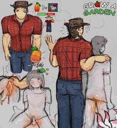 2boys amduscyas artist_name balls bottomless clothed copyright_name english_text fruit grow_a_garden male penis reference_image roblox roblox_background roblox_game robloxian see-through self_upload steven_(grow_a_garden) tagme text
