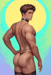 ai_generated ass ass big_ass big_butt black_choker black_thighhighs black_thong boy brown_hair bubble_ass bubble_butt choker collar hand_on_hip hazel_eyes lingerie looking_at_viewer looking_back male nylons panties plump_ass round_ass round_butt solo stockings tallcallipygian tcallipygian thick_thighs thigh_highs thighhighs thighs thong underwear