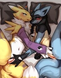 anthro bandai_namco biped blue_body blush bodily_fluids breasts canid canine digimon digimon_(species) duo eyebrows eyelashes female female/female fingering fingering_partner fox fur generation_4_pokemon genital_fluids genitals hi_res looking_at_viewer lucario multicolored_body nintendo open_mouth pokemon pokemon_(species) pussy renamon sex smile spuydjeks thick_thighs three-quarter_view vaginal_fluids vulva yellow_body yellow_fur