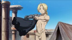 1boy automail blonde_hair dressing edward_elric erection fullmetal_alchemist male male_only nude outdoors penis phausto smile solo