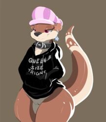 2017 anthro berry_ranieri black_nose bottomless clothed clothing collar ear_piercing english_text female fur furry furry_only half-closed_eyes mammal mustelid otter partially_clothed piercing pink_eyes pussy simple_background smile solo sweater tail text thick_thighs thunder_thighs topwear wide_hips xilrayne