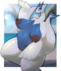 anthro areola big_breasts bodily_fluids breasts female generation_2_pokemon genitals hi_res legendary_pokemon lugia nintendo nipples nude pokemon pokemon_(species) pussy sepiruth smile solo thick_thighs vulva white_body