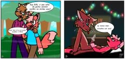 absurd_res anal anal_sex anthro blue_eyes bodily_fluids border brown_body brown_eyes brown_fur brown_hair canid canine canis clothed clothing comic coyote cum dialogue digital_media_(artwork) duo erection feet feon fox fur genital_fluids genitals hair hi_res male male/male male_penetrated male_penetrating male_penetrating_male mammal netflix nude open_mouth paint_tool_sai_(artwork) pawpads penetration penis portuguese_description portuguese_text rahony red_body red_fur red_hair riding sex simple_background smile tail text tongue white_border