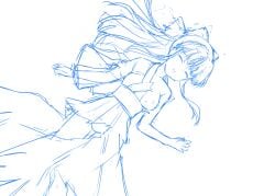 1girls breasts breasts_out defeat female hair_ribbon highres japanese_clothes long_hair long_skirt lying medium_breasts monochrome nipples open_mouth ponytail ribbon sakura_shinguji sakura_wars sega sketch skirt solo tongue torn_clothes unconscious