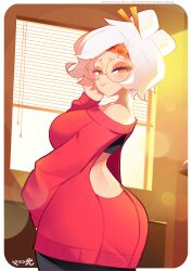 1girls absurdres backless_dress backless_outfit blush breasts dress eyeshadow female glasses hair_bun hair_ornament hair_stick highres large_breasts looking_at_viewer makeup nintendo purah red-framed_eyewear red_dress red_eyes red_eyeshadow round_eyewear sheikah short_hair solo the_legend_of_zelda the_legend_of_zelda:_tears_of_the_kingdom white_hair yor_briar_(cosplay) zahir_zb7