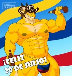 5_fingers abs alcohol anthro areola balls balls_outline beer beer_bottle beverage biceps big_bulge big_muscles biped bottle brown_hair bulge clothed clothing colombian_flag container countershade_torso countershading detailed_bulge digital_drawing_(artwork) digital_media_(artwork) dragon european_mythology fingers flag flag_clothing front_view genital_outline grin hair hat headgear headwear hi_res holding_beverage holding_bottle holding_container holding_object horn huge_muscles humanoid_hands kent_izumi looking_at_viewer male male_anthro markings multicolored_body multicolored_clothing multicolored_scales muscles muscular muscular_anthro muscular_male mythological_creature mythological_scalie mythology navel nipples non-mammal_nipples pecs penis penis_outline portrait quads red_eyes reptile scales scalie signature simple_background smile solo spanish_text speedo spikes spikes_(anatomy) standing swimwear tail teeth text thong three-quarter_portrait topless topless_anthro topless_male two_tone_body two_tone_scales underwear watermark western_dragon wingless_dragon wolfe_fubuki yellow_body yellow_clothing yellow_scales yellow_underwear