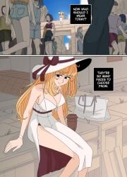 1girls blonde_female blonde_hair comic disguise double_slit_dress ellie_(impunderneath) ellie_skinsuit english_text female impersonation imposter impunderneath long_hair original original_character page_24 possessed possession story white_dress