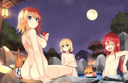 4girls :d ^_^ ^o^ alcohol arm_at_side arm_up armpits ass back blue_eyes body_blush bottle breasts butt_crack censored closed_eyes collarbone commentary_request cup demon_girl demon_horns eyebrows_visible_through_hair flat_chest from_behind full_moon furrowed_eyebrows green_eyes groin hair_between_eyes happy_new_year highres holding holding_cup horns jitome lantern large_breasts light_particles long_hair looking_at_viewer looking_back moon multiple_girls navel new_year night night_sky nipples nude onigensou onsen open_mouth orange_hair original outdoors partially_submerged pointy_ears red_eyes red_hair rock sakazuki sake sake_bottle scar shiny shiny_skin short_hair sky smile soaking_feet standing star_(sky) starry_sky steam stomach swimming tree very_long_hair water