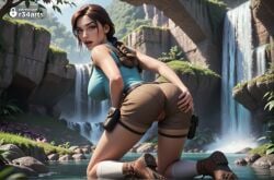 1girls ai_generated ass boots braid braided_ponytail breasts brown_eyes brown_footwear brown_hair brown_shorts day from_behind gun hand_on_own_ass handgun hi_res holster kneeling lara_croft lara_croft_(survivor) large_breasts lips long_hair looking_at_viewer looking_back nose open_mouth outdoors pussy r34arts rock short_shorts shorts single_braid socks solo tank_top thigh_holster tomb_raider tomb_raider_(survivor) uncensored water waterfall weapon white_socks