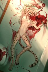 3_toes absurd_res anthro areola bathroom blood blood_on_face blood_on_hand blood_pool bodily_fluids breasts cheetah corpse death digital_media_(artwork) dripping feet felid feline female female_death fingers frostbite80_(artist) fur genital_fluids genitals gore hair hi_res leaking lying mammal markings navel nipples nude on_back open_mouth pussy pussy_juice_leaking solo spots spotted_body tail teeth toes toilet vaginal_fluid_drip vaginal_fluids vaginal_fluids_on_vulva vulva