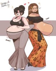 2girls 5_toes alternative_version arbrianarchy artist_name black_lipstick bottomwear bump earrings feet female glasses heart kicking_(pregnancy) motion_lines oc original_character painted_toenails pregnant pregnant_female simple_background topwear